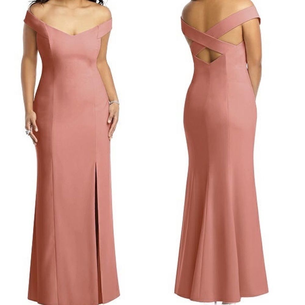 Dessy Collection Off-the-Shoulder Criss Cross Back Trumpet Gowns style 3012 size